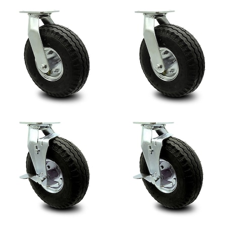 Service Caster 10 Inch Black Pneumatic Wheel Caster Swivel with Swivel Locks 2 with Brake, 4PK SCC-100S3504-PNB-BSL-2-TLB-2